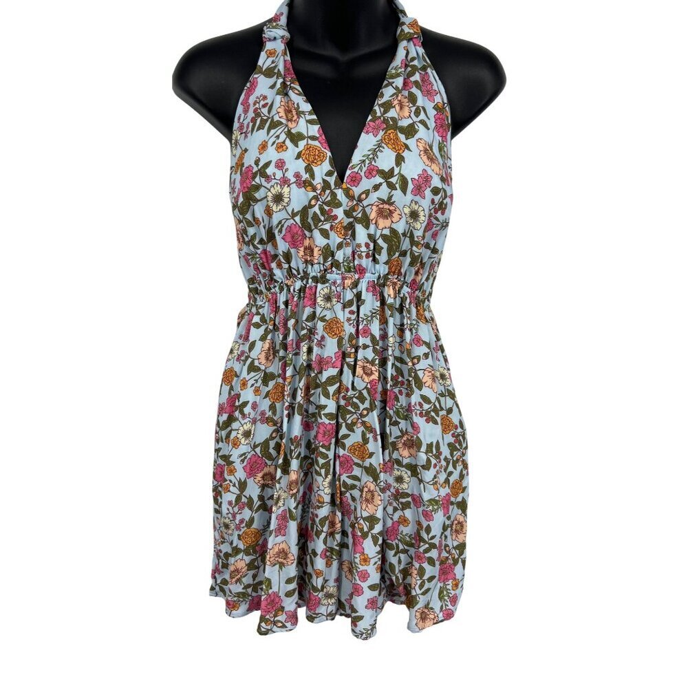 Magii Romper Women Size Medium Blue Pink Floral Halter Pockets Rayon Stretch New